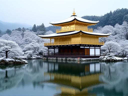 雪化粧をした美しい京都の金閣寺